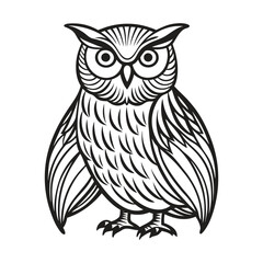 A black and white drawing of an owl with a black and white pattern