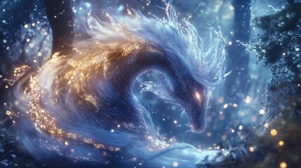 Mythical creature with flowing, glowing mane and crystal scales, close-up of intricate textures and magical aura in a fairy tale forest.