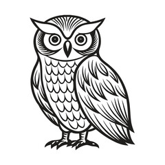 A black and white drawing of an owl with a black and white pattern