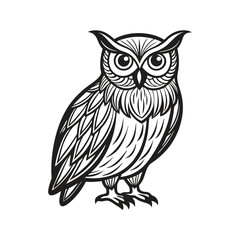 A black and white drawing of an owl with a black and white pattern