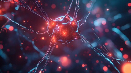 Neural network. A close-up depiction of a neural network with illuminated synapses, symbolizing connectivity and brain activity.