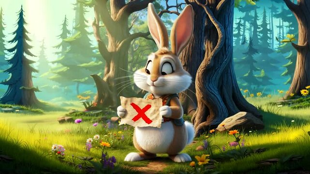 A charming cartoon rabbit holds a weathered map with a prominent "X" marking the spot. 