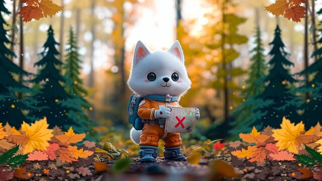 A friendly cartoon husky dog, dressed in an explorer's outfit, holds a snow-covered map with a mysterious "X". 