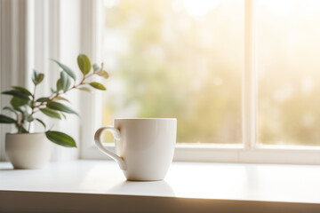 Obraz premium A bright and serene moment captured with a white coffee mug on a table, softly lit by sunlight through a window