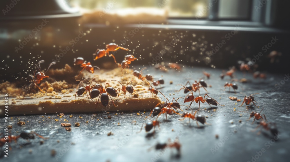 Poster A detailed image of ants crawling on a crumb of food on a kitchen counter, capturing their movement and interaction with the environment.