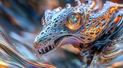 An alien animal with liquid metal skin shifting shapes, glowing patterns emerging, close-up in a surreal 3D rendering with psychedelic elements.