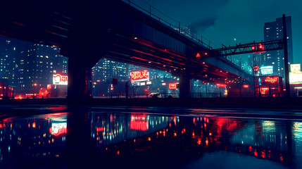 Obraz premium quiet overpass in the heart of the city, with the night sky above and reflections of neon signs