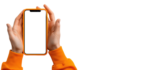 Phone with orange case held in hands on transparent background.