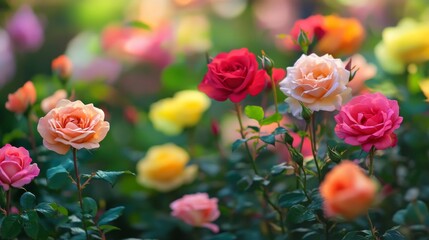 A detailed shot of a rose garden with a variety of roses in different colors and stages of bloom, capturing the lush, vibrant beauty of the flowers.