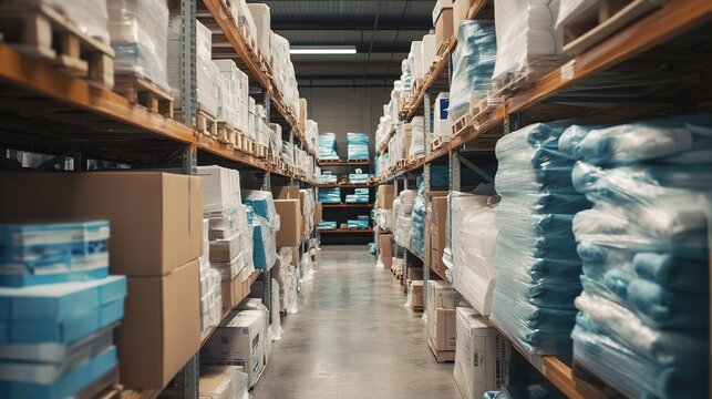 An image featuring a warehouse stocked with bulk medical supplies, including boxes of masks, gloves, and protective gear, prepared for distribution to hospitals.