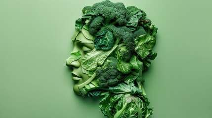 A green human profile composed of various leafy vegetables and greens on a matching green background