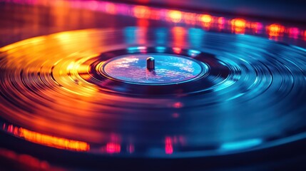 Neon vinyl playing record close up. 60s and 70s style, retro abstract music background. Copy space