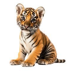 Realistic Illustration of a Tiger Cub Sitting Cutely with Playful Expression Isolated on White Background, Cutout, Isolated on White Background