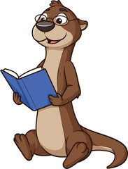 Cartoon otter character reading book vector illustration