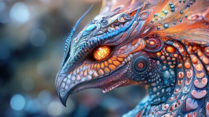 Fantasy creature with shimmering scales, glowing eyes, and delicate fairy wings, close-up of intricate, whimsical patterns and vibrant colors.