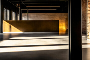 Bright and minimalistic interior design of a spacious modern venue bathed in natural light during the late afternoon hours