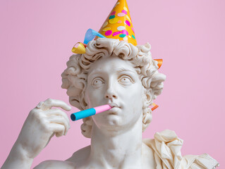 Classic white marble statue with a playful twist, blowing a party horn and wearing a birthday hat. A humorous take on classical art.
