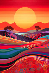 Silhouette walking through abstract red desert landscape