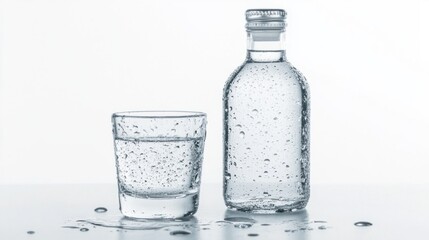 A shot glass of vodka next to a full bottle, with condensation forming on both, isolated on white.