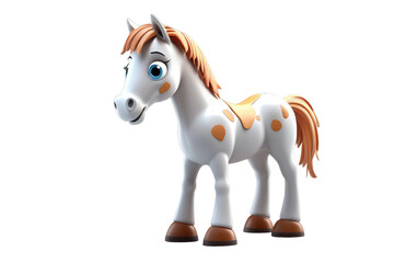 Cartoon-style cute horse, 3D high quality model, center-placed against a stark white background, gentle shadows casting, soft edges, simplistic and child-friendly, rendered in vibrant colors