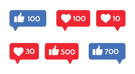 Like and love icon button. Thumbs up and heart flat icon in modern speech bubble shapes , Social media notification icons. emoji post reactions set.