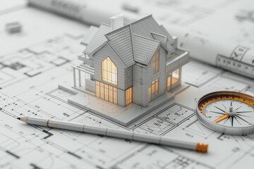 Architectural blueprint with a model house and pencil on it on a white background.