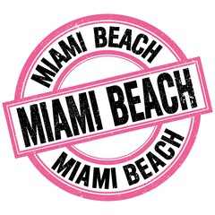 MIAMI BEACH text on pink-black round stamp sign