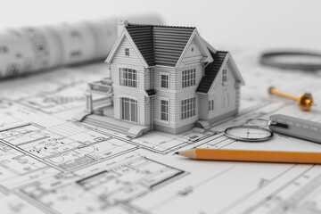 Architectural blueprint with a model house and pencil on it on a white background.