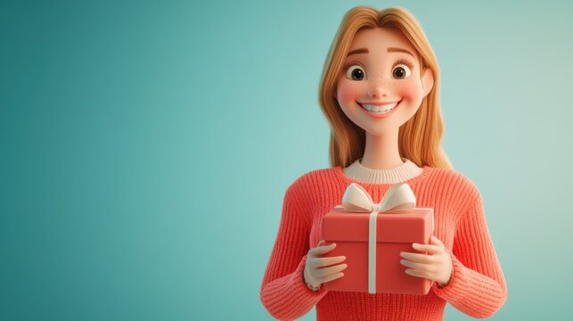 3D character close up portrait of a happy white woman in a bright red cardigan, holding a gift box with both hands, on a soft blue gradient backdrop, copy space, cute cartoon style