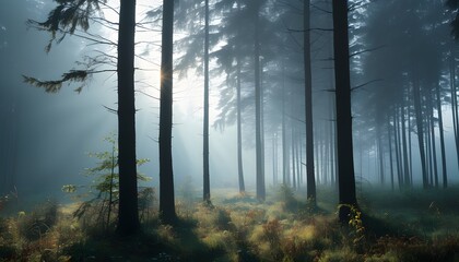 serene misty morning enveloping a tranquil forest