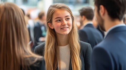 Graduate recruitment portrait, highlighting fresh graduates interacting with recruiters at a job fair.
