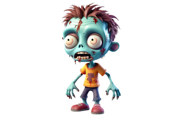 Cute zombie character, 3D model, high quality, central focus on stark white background, gentle shadowing underneath, soft edged design, vibrant colors, simplistic and child-friendly appearance