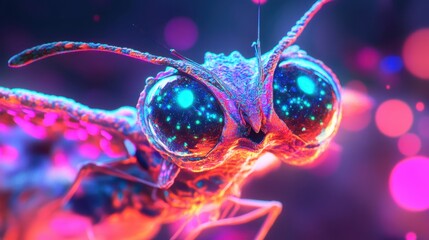 A whimsical alien animal with multiple eyes blinking, glowing markings shifting, floating holographic elements, close-up in neon-infused fantasy illustration