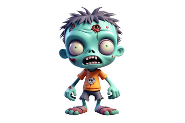 Cute zombie character, 3D model, high quality, central focus on stark white background, gentle shadowing underneath, soft edged design, vibrant colors, simplistic and child-friendly appearance