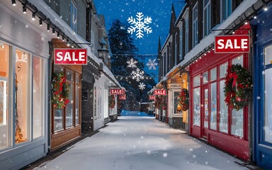 Obraz premium Generative-AI, Boxing Day Winter Wonderland Sale with Snowy Street and Brightly Lit Shops