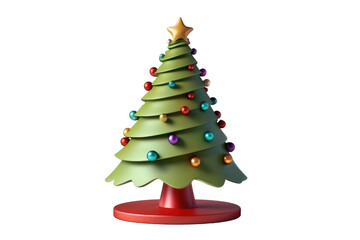 Fototapeta premium Holiday cartoon Christmas tree, charmingly simplified for a child-friendly appeal, steals the limelight in 3D quality, masterfully rendered against a stark white, devoid of distraction