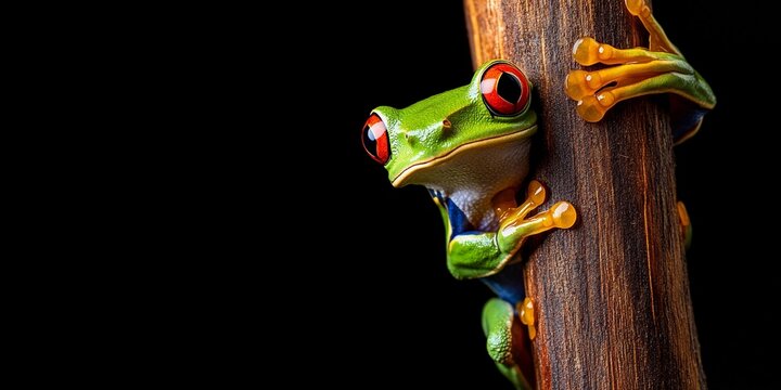 A vibrant red-eyed tree frog perches on the edge of a dark wooden log against a black background, highlighting nature&rsquo;s beauty and contrast.
