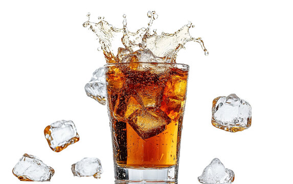 Floated coca with ice cubes splash on white background,png