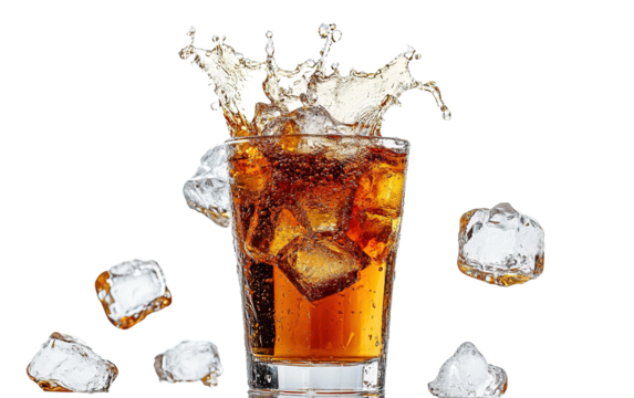 Floated coca with ice cubes splash on white background,png