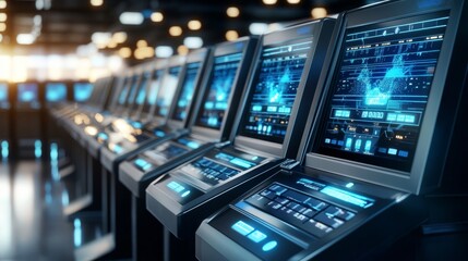 Close-up on rows of voting machines sleek design with glowing screens