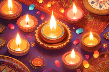 Happy Diwali greeting card. Flat colorful tracery composition with burning diya on purple background. Traditional Deepavali oil lamps simple art. Pongal Ugadi Gudi Padwa. Hindu holidays decor.