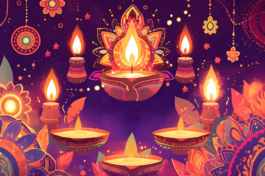 Happy Diwali greeting card. Flat colorful tracery composition with burning diya on purple background. Traditional Deepavali oil lamps simple art. Pongal Ugadi Gudi Padwa. Hindu holidays decor. - Powered by Adobe