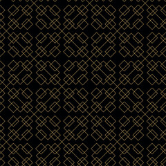 Abstract geometric pattern with crosses, stripes, lines. Seamless vector background. Black and gold ornament. Modern reticulated graphic design.