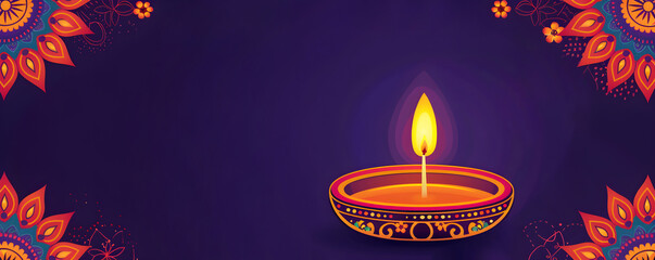 Frame with burning lit diya oil lamp on purple background. Diwali, Deepavali greeting template with copy space. Hindu festival of lights. Pongal, Ugadi, Gudi Padwa. Traditional Indian holidays decor.