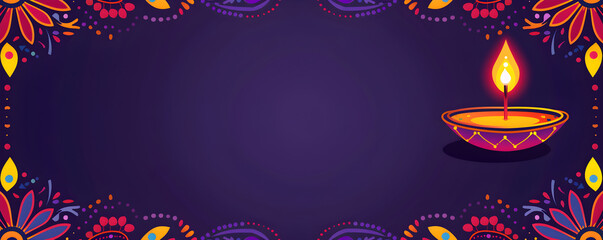 Frame with burning lit diya oil lamp on purple background. Diwali, Deepavali greeting template with copy space. Hindu festival of lights. Pongal, Ugadi, Gudi Padwa. Traditional Indian holidays decor.