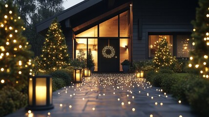 A festive front of a house decorated for Christmas with glowing lights, wreaths, and holiday decorations, creating a warm and cheerful holiday atmosphere