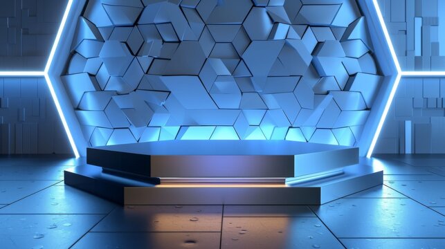 The contemporary podium is positioned in front of a striking hexagonal backdrop that features intricate geometric patterns illuminated by blue light, creating an advanced atmosphere