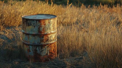 Obraz premium A beautifully lit, ultra-realistic image of a weathered, rusted 55-gallon oil drum in a rugged outdoor environment