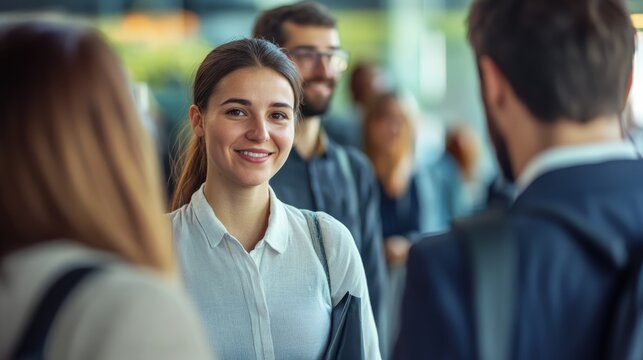 Job recruitment portrait, highlighting job seekers interacting with recruiters during a hiring event.