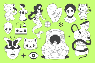Y2k comic minimal retro groovy line icon psychedelic concept set vector flat illustration. Hype contemporary pop art Kawaii bear cat astronaut alien Greek sculpture with snake head butterfly gamepad